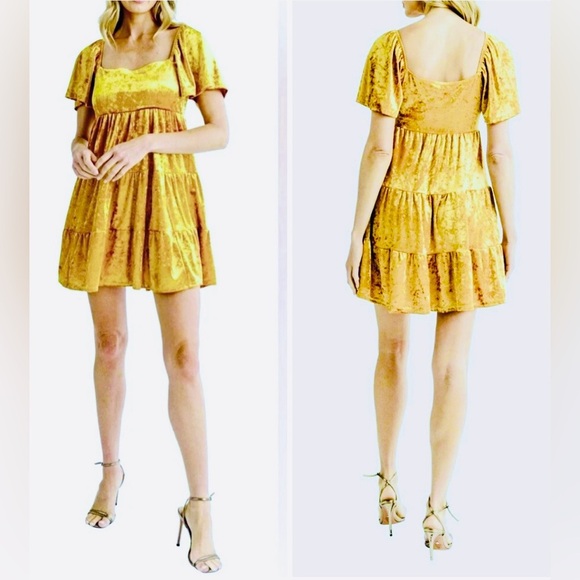 All IN FAVOR Flutter Sleeve Tiered Crushed Velvet Babydoll Mini Dress, Gold, Med - Picture 1 of 10